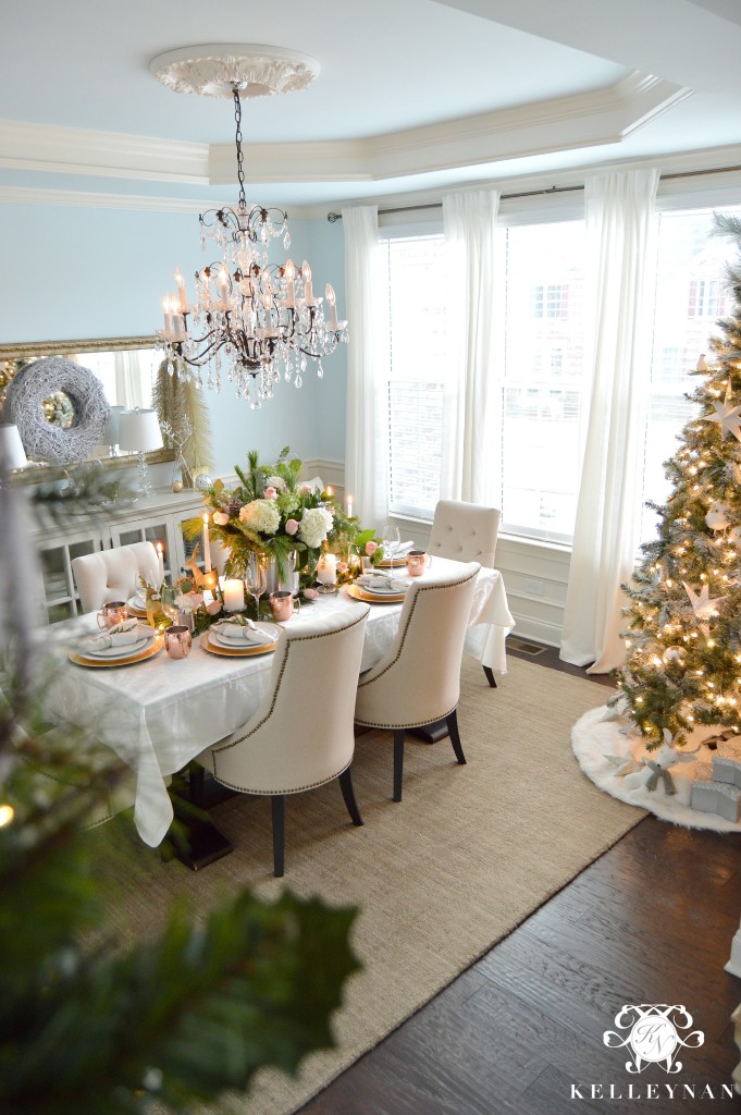 Copper Christmas Table and Christmas Tree in Dining Room