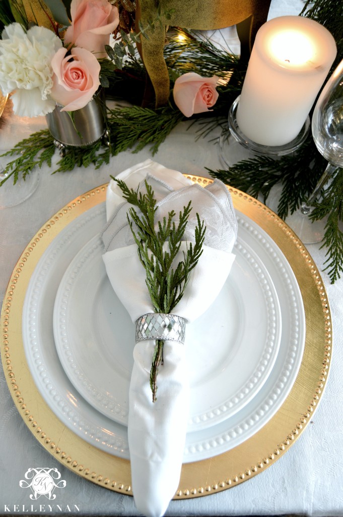 Gold and White Place Setting with Greenery 