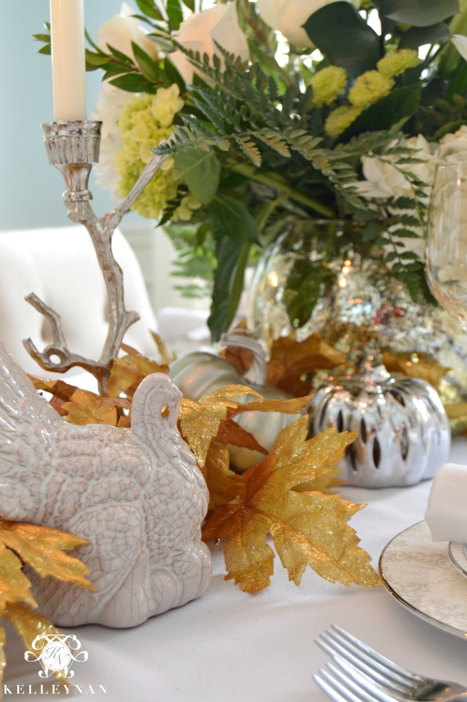 Thanksgiving Table with Pumpkins and Turkeys