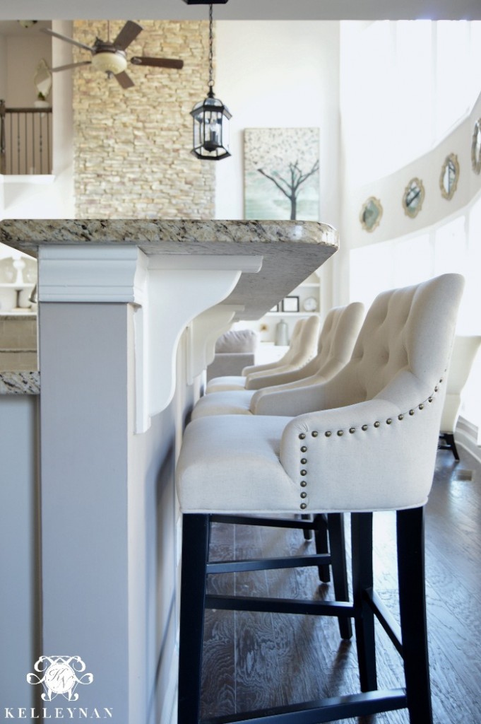 Linen Lydia Bar Stools at Bar in White Kitchen