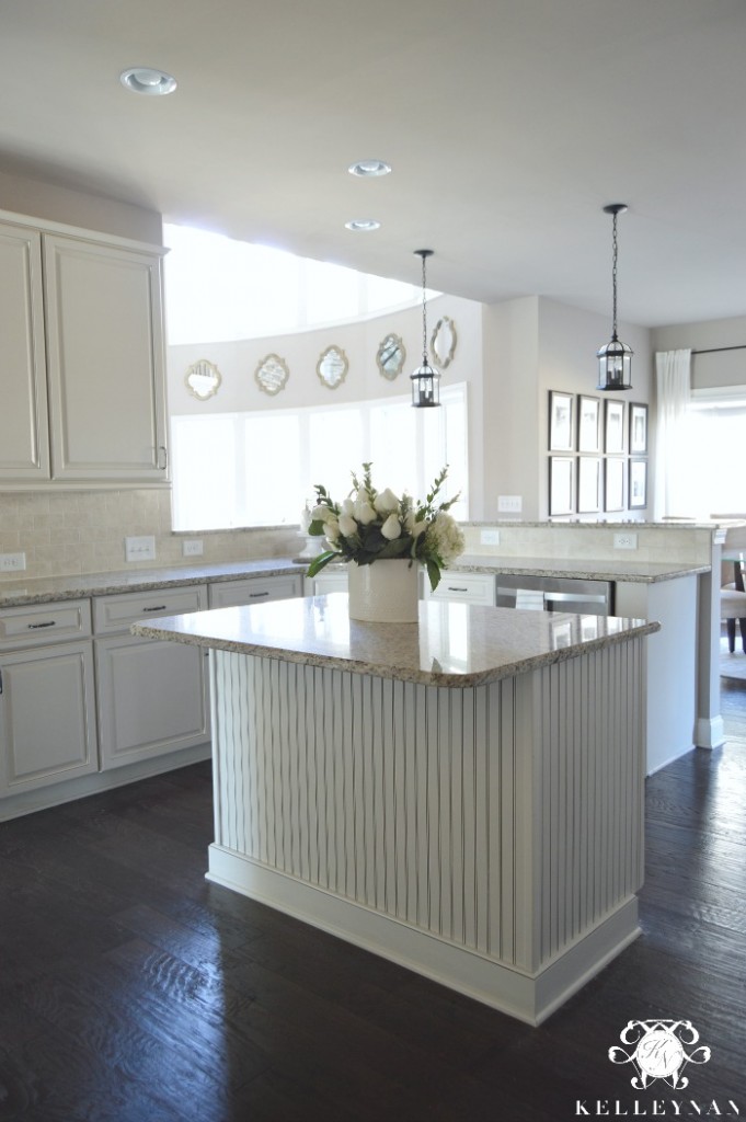 Center Island with bead board in white kitchen