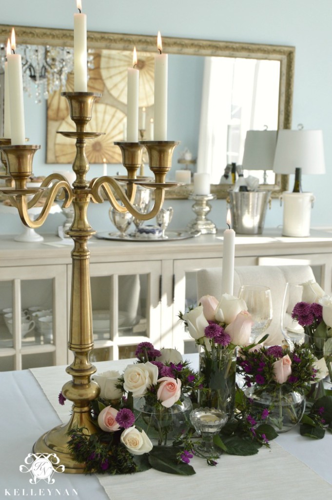 Valentine's Day table with gold candelabra and pink roses