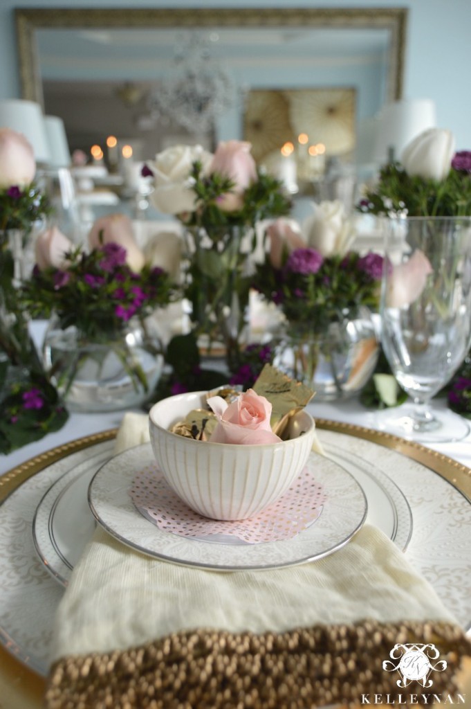 Valentine's Day Place Setting with Purple and Pink Flowers