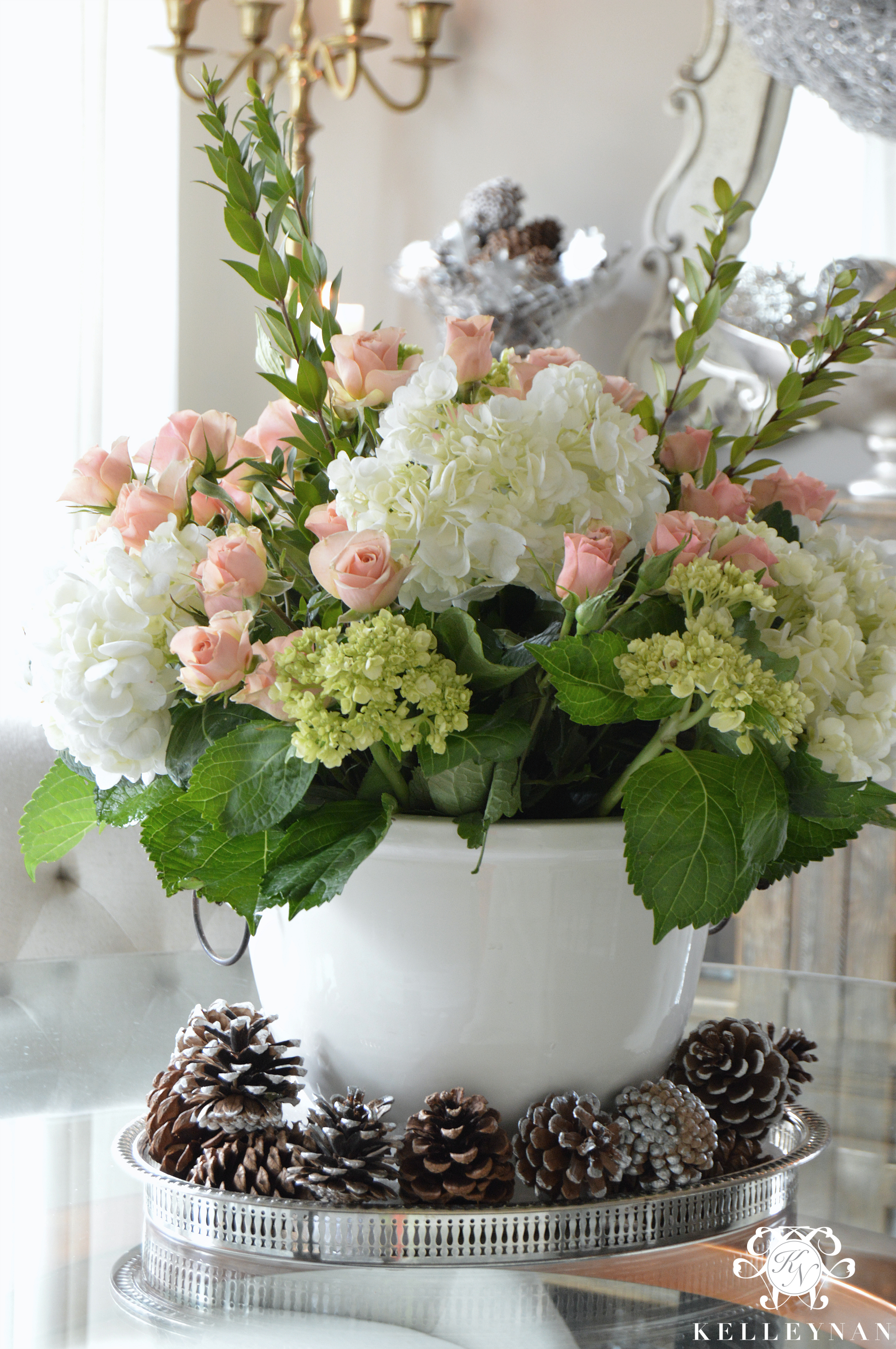 Flower arrangement using floral foam, with flower bouquet wrapping 
