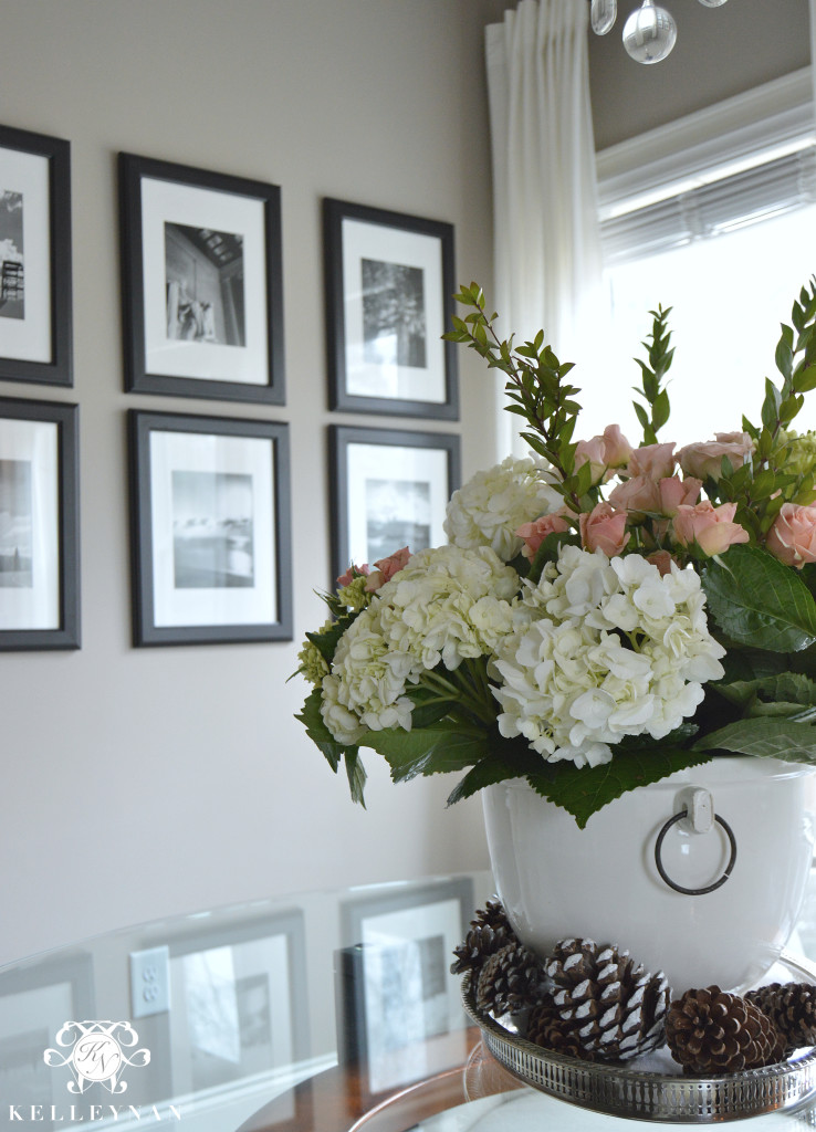 White hydrangea and pink rose arrangements in Pottery Barn Rhodes Ice Bucket