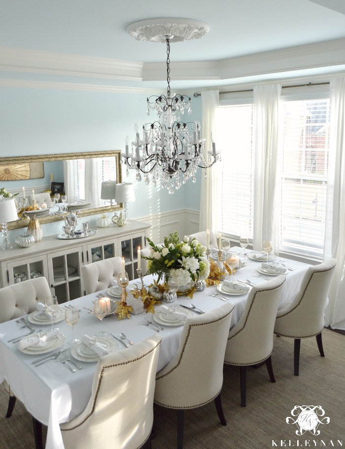 Big Crystal Chandelier in Blue Dining Room