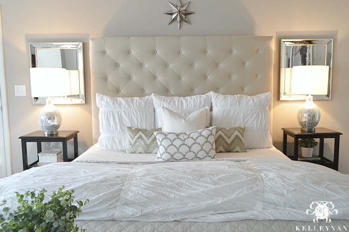 Pottery Barn Lorraine Tufted Bed with white Hadley Ruched Duvet