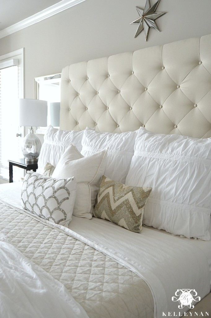 Pottery Barn Lorraine Tufted Bed and White Bedding