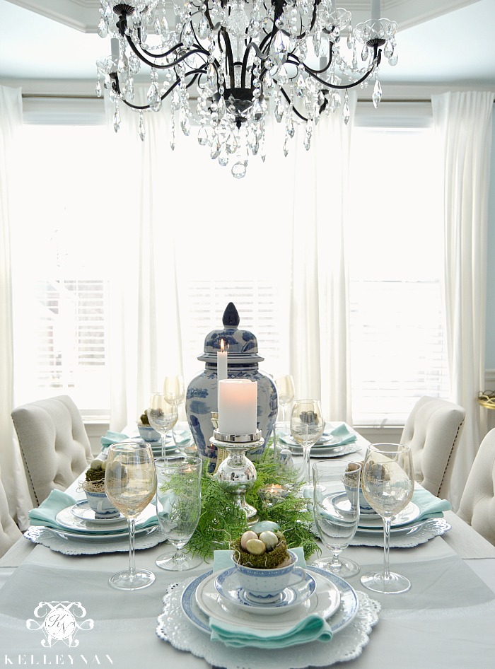 Blue and White Easter Table for Spring with World Market Linen Lydia Chairs
