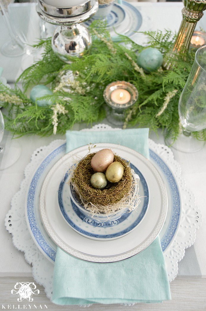 Blue and White Easter Spring Table Place Setting with Birds Nest
