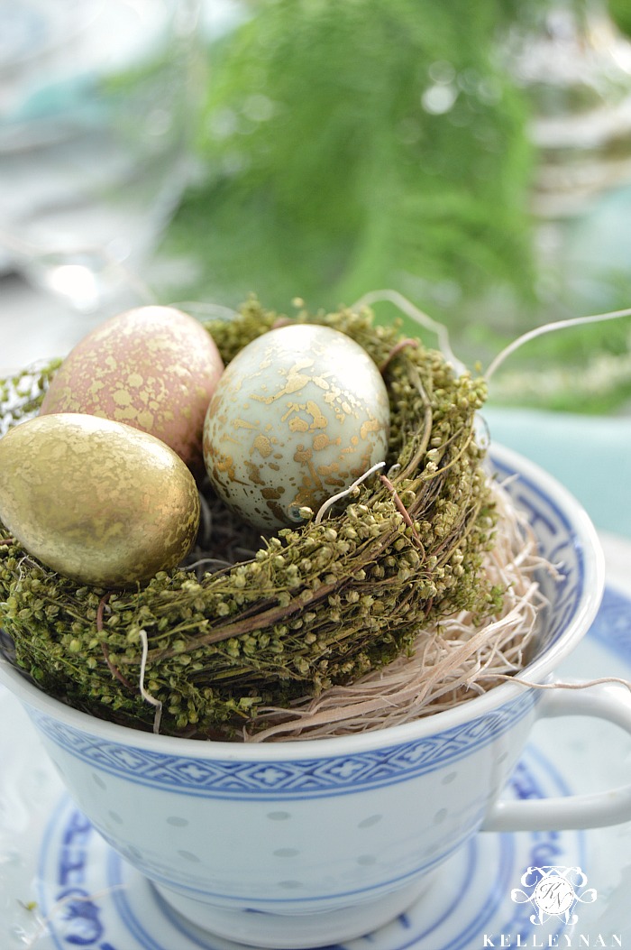 Birds Nest and Eggs in Teacup at Easter Dining Place Setting