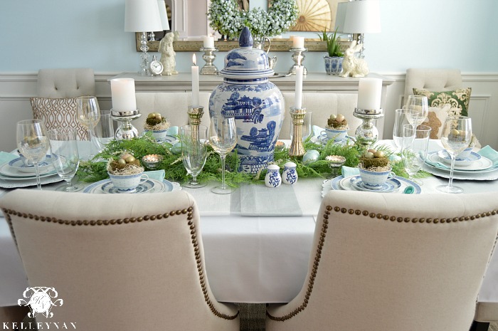 Blue and White Spring Easter Table with Eucalyptus Wreath
