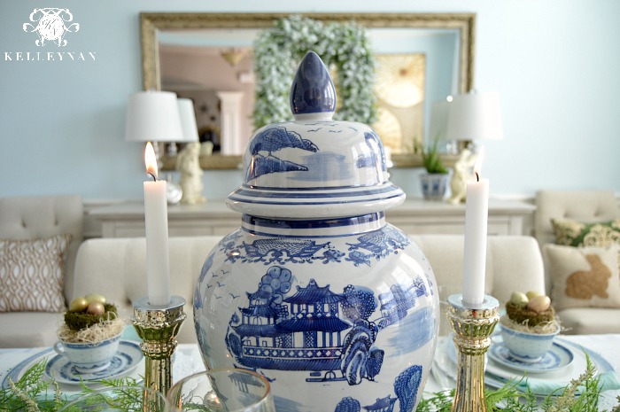 Blue and White Jar on Dining Room Table Centerpiece