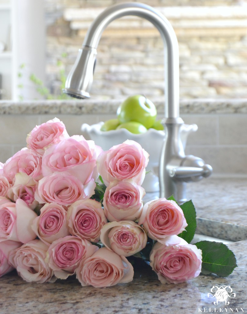 Flowers in the Kitchen Sink- Pink Roses- Swan Neck Faucet