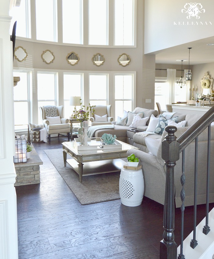 Two Story Neutral Spring Living Room