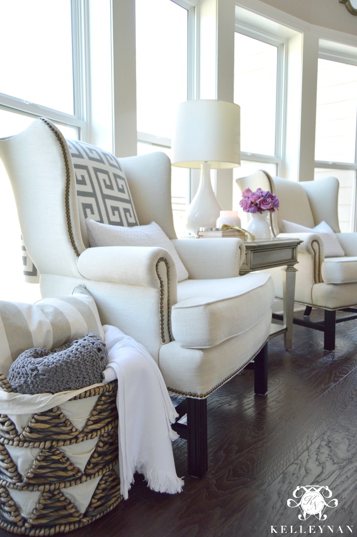 Pottery Barn Upholstered Thatcher Wingback Chairs in Living Room