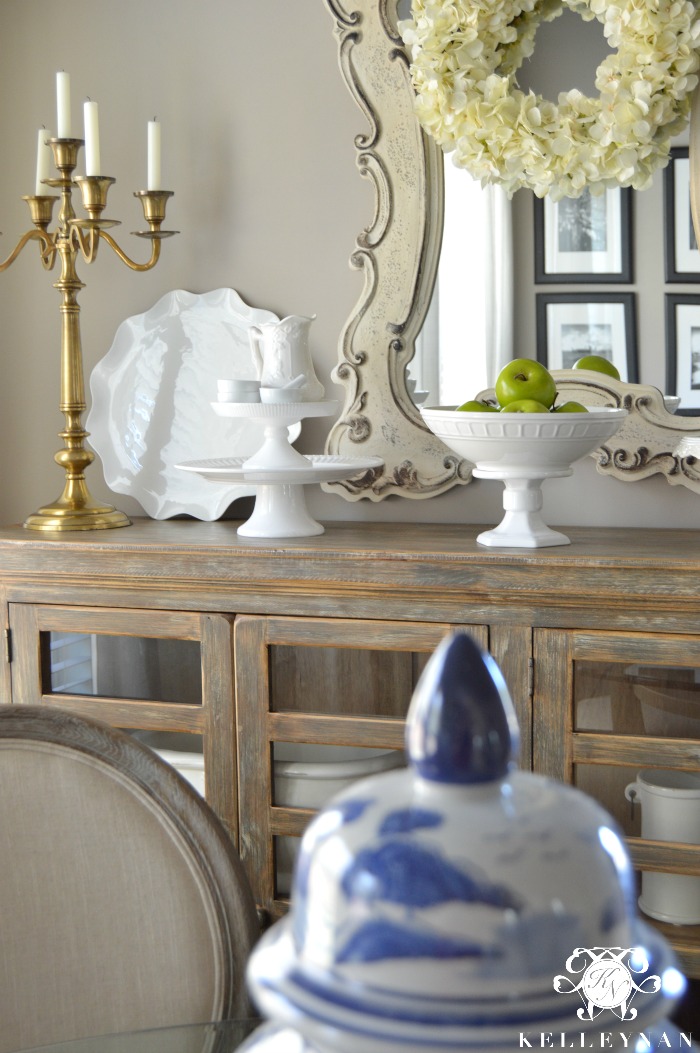 Blue and White in Breakfast Nook with Rustic Sideboard White Dishes