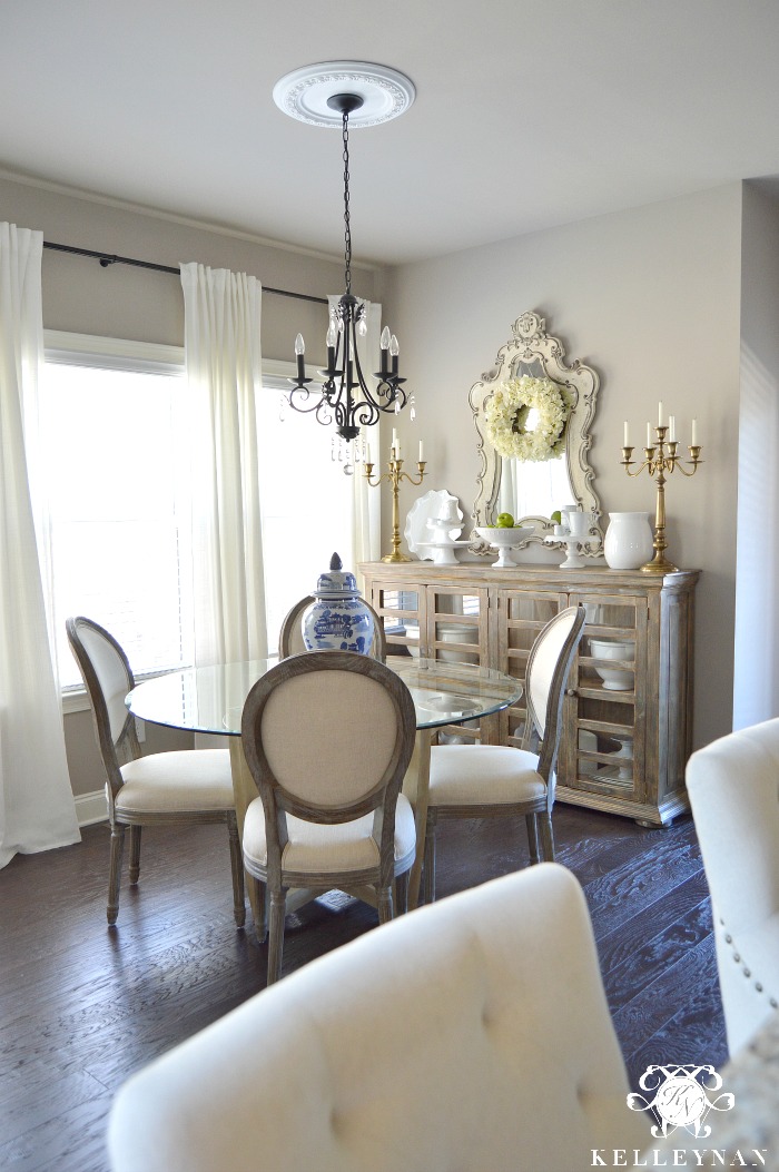 Neutral Breakfast Nook with World Market Linen Paige Round Back Dining Chairs