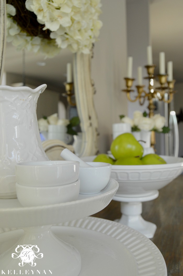 White Dishes and Cake Stands on Sideboard