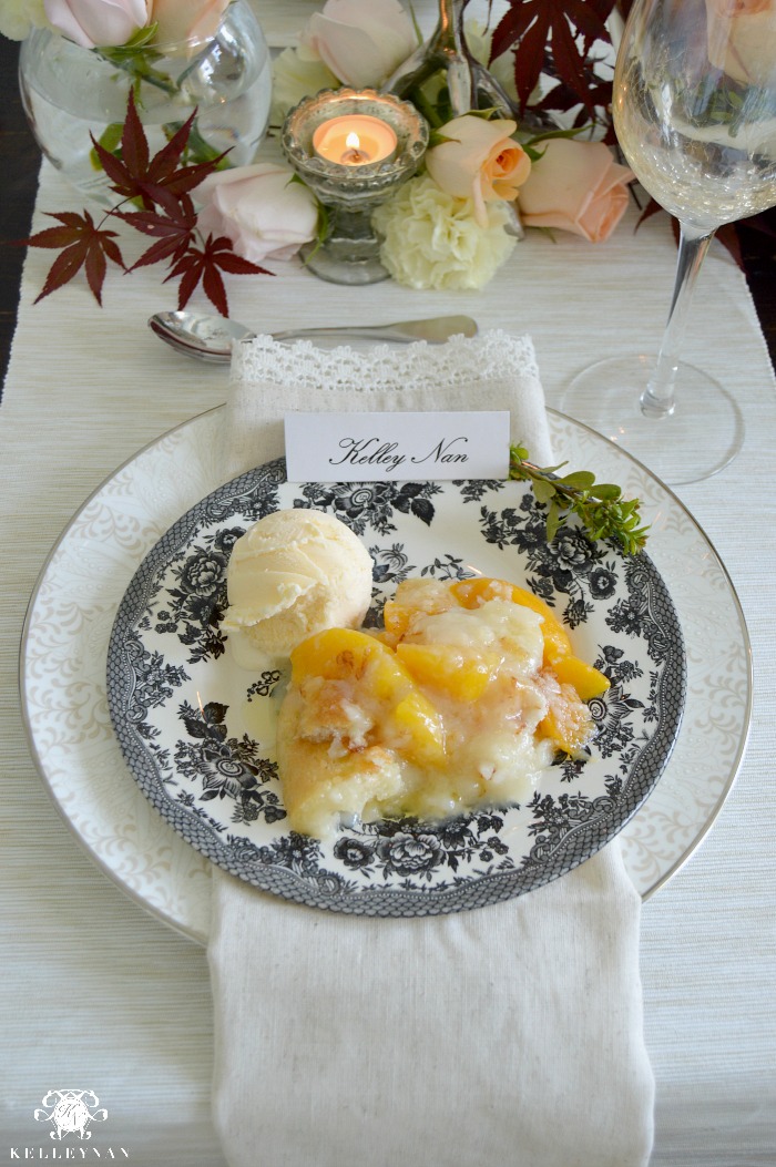 Peach Cobbler at Formal Table Setting