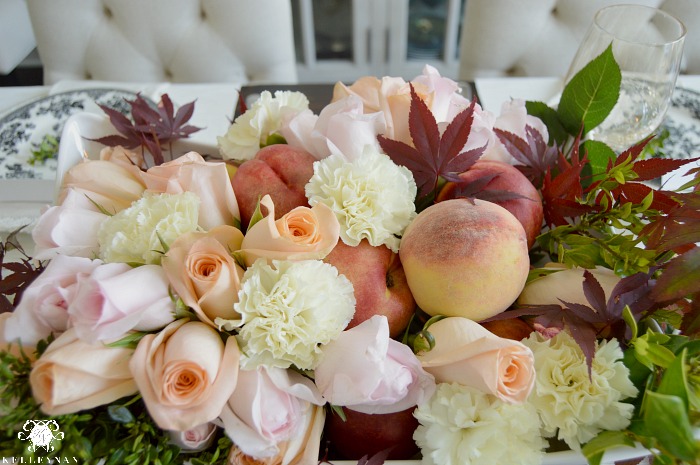 Spring Peach Centerpiece with Flowers and Japanese Maple Leaves