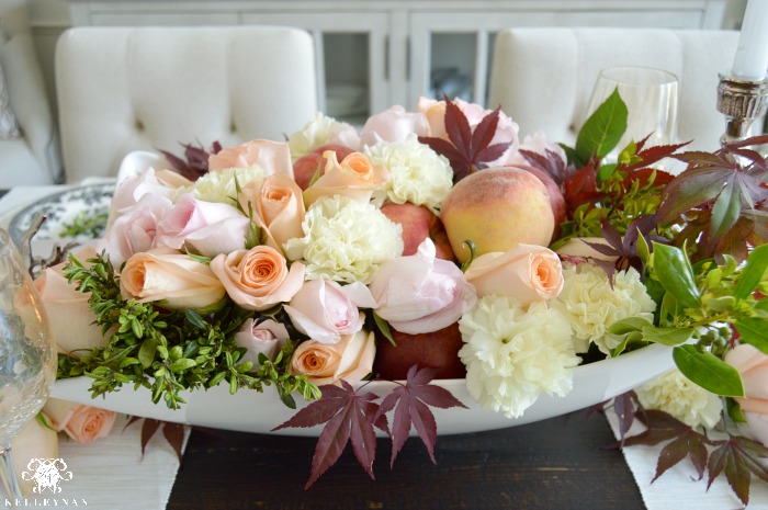White Bowl Centerpiece with Peach and Blush Roses and Peaches and Nectarines
