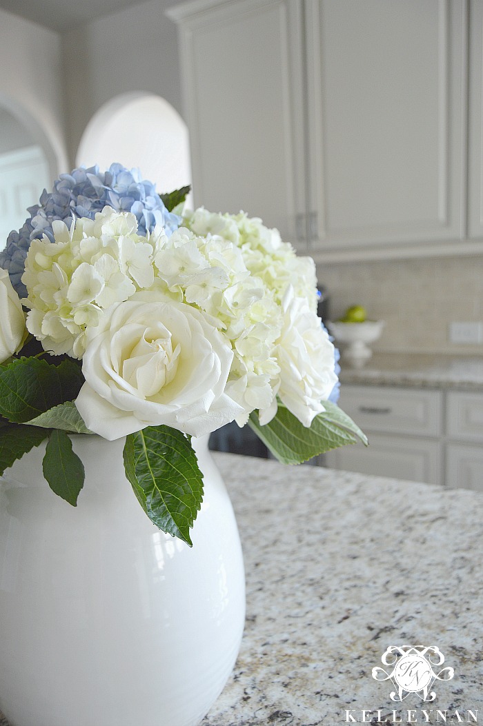 White and Blue Hydrangeas in Kitchen