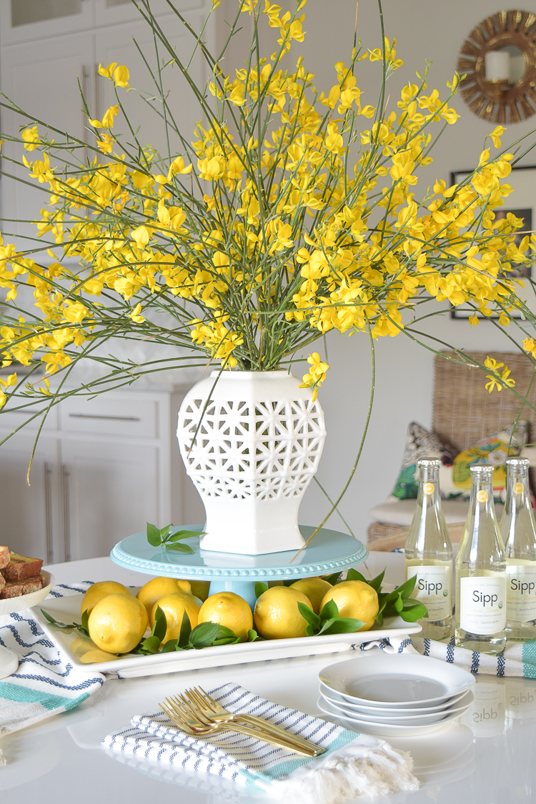 White Vase Spring Summer Dishes Aqua Cake Stand Forsythia Yellow Flower Bush Brunch Lemons Table Scape Center Piece  14 