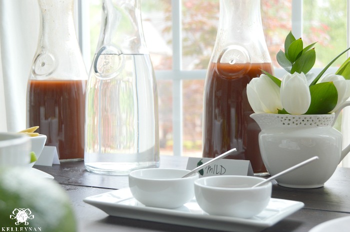 Bloody Mary Bar with Bloody mary Mixes in Carafes 