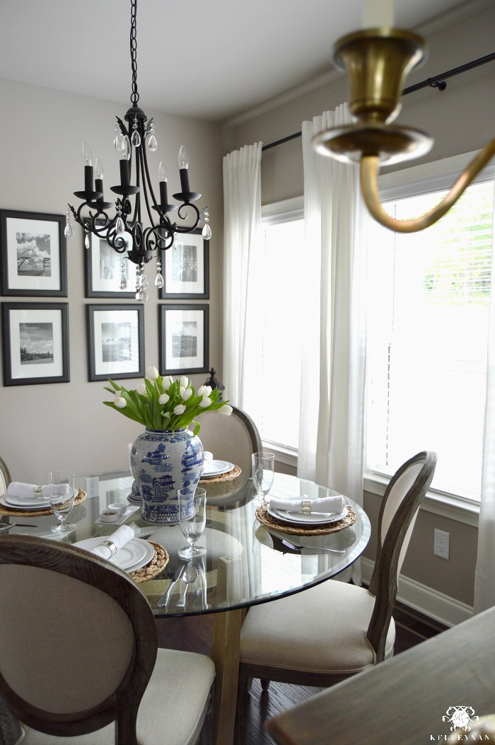 Casual Blue and White Table with Tulips with Black and White Gallery Wall