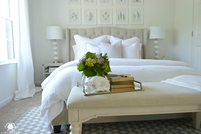 Guest Bedroom with White Bedding and Bench at foot of bed
