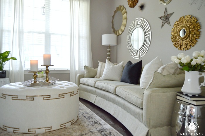 My Chic Nest with Greek Key Tufted Otoman in Living Room