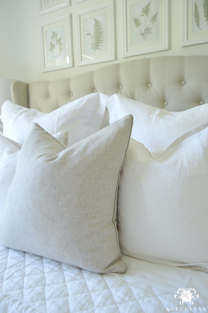 White bed linen with green cushions & bedhead  Green bedding bedroom, Bedroom  cushions, White linen bedding