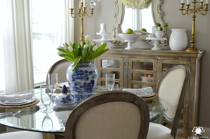 Rustic Modern Breakfast Nook with Blue Ginger Jar Tulip Centerpiece