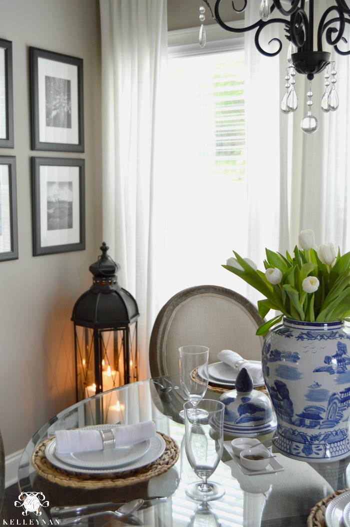 Tall Lantern in Breakfast Room with Casual Table Setting