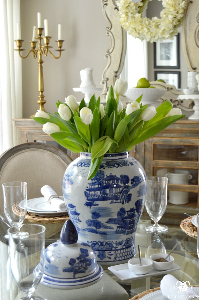 Tulip Arrangement in Blue and White Vase- Breakfast Room