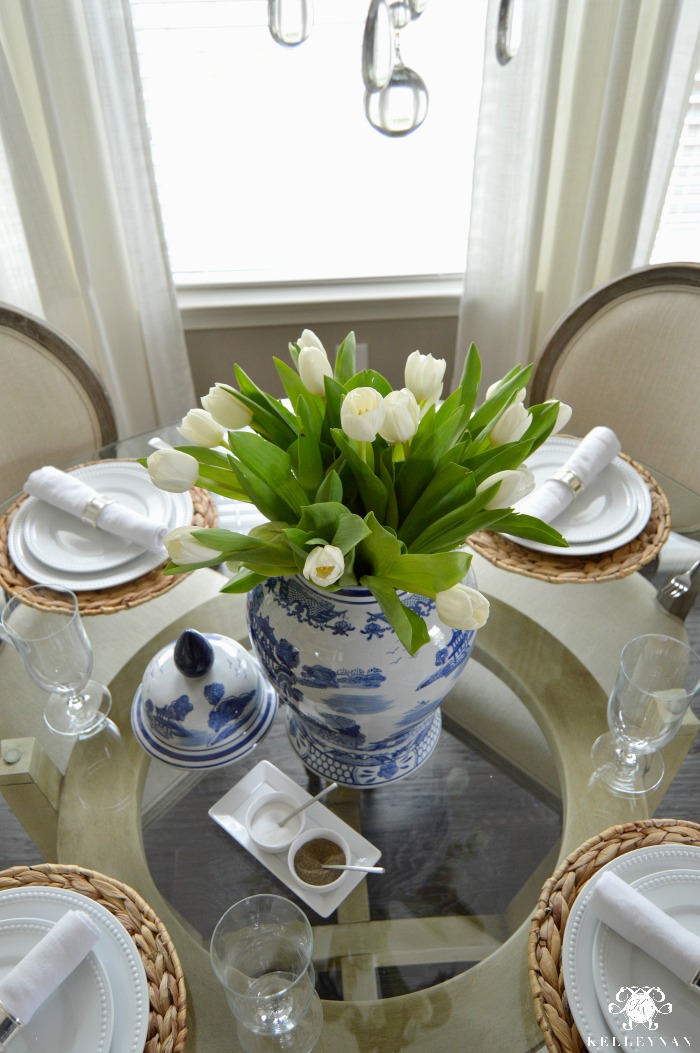 Tulip Centerpiece on Casual Table in Blue and White Ginger Jar
