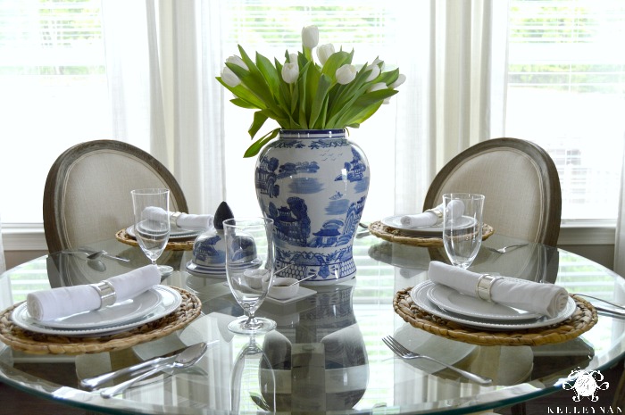 White Plate Table Setting with Blue and White Ginger Jar with Tulips