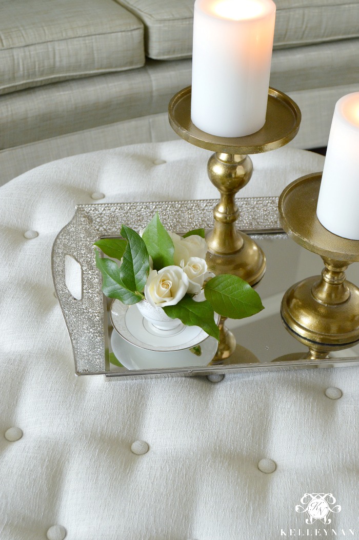 White Tufted Ottoman with Mirrored Tray