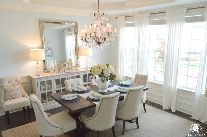 Blue Dining Room with Ikea Ritva Curtains and World Market Linen Lydia Chairs