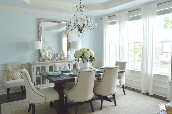 Formal Dining Room with Ikea Ritva Curtains and Crystal Chandelier