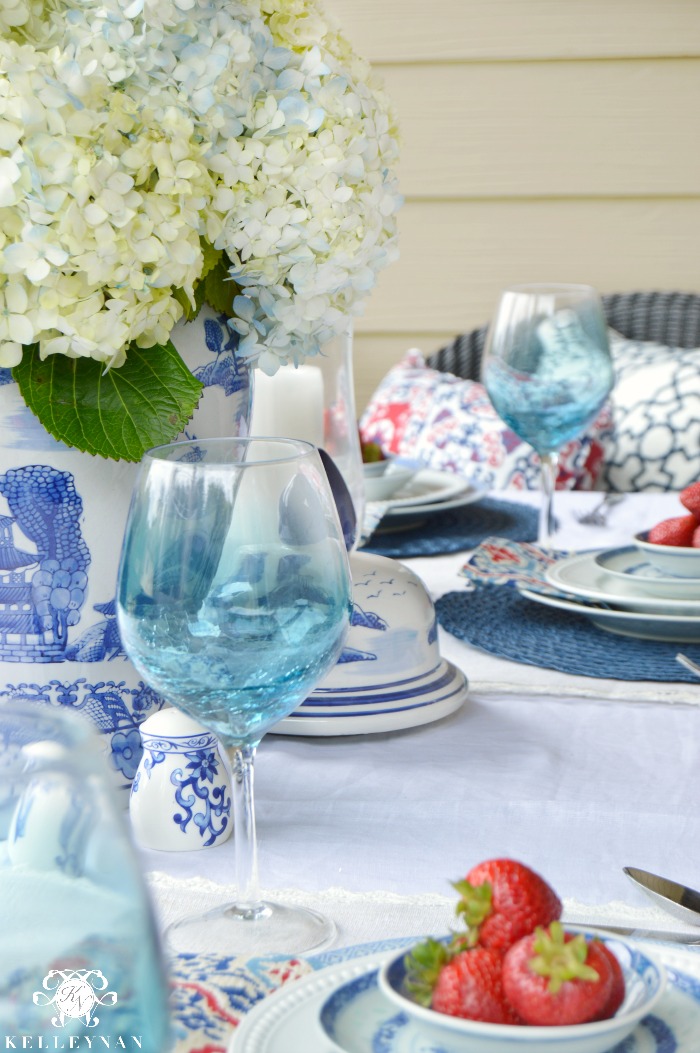 Fourth of July Straberry Table Ideas with Blue and White Ginger Jar