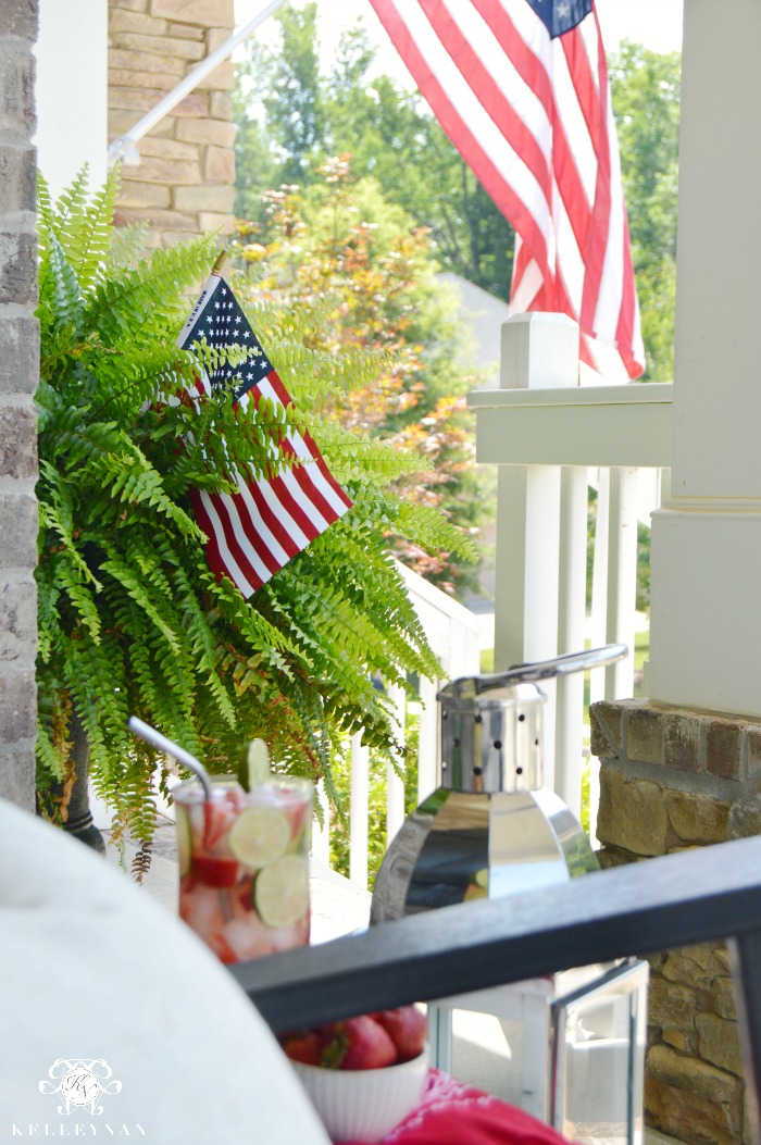 Front Porch for the Fourth of July- Ferns with Flags