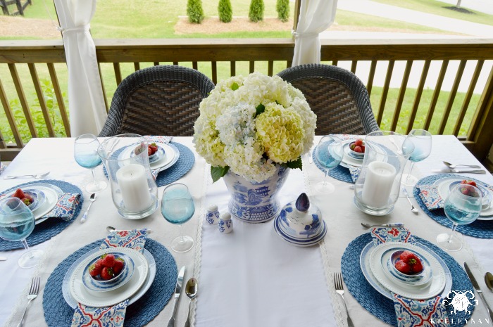 Hydrangea Centerpiece on Red white and blue table