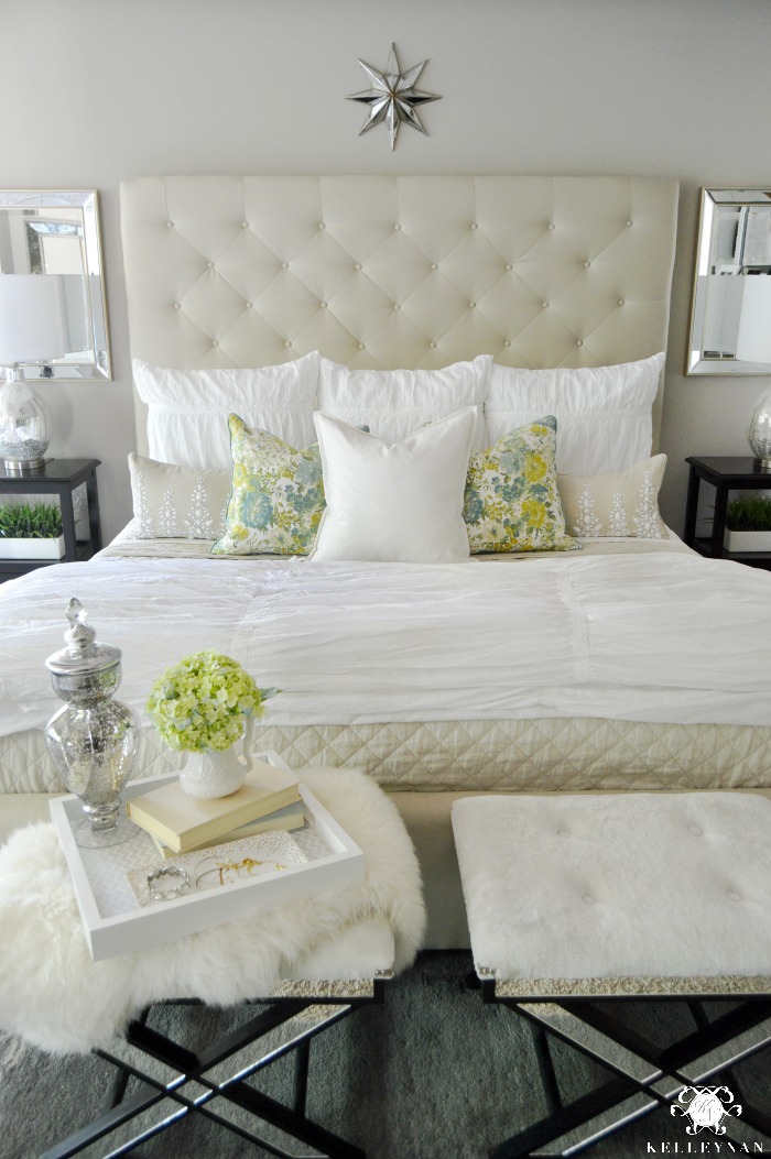 White bedding with outlet colorful pillows