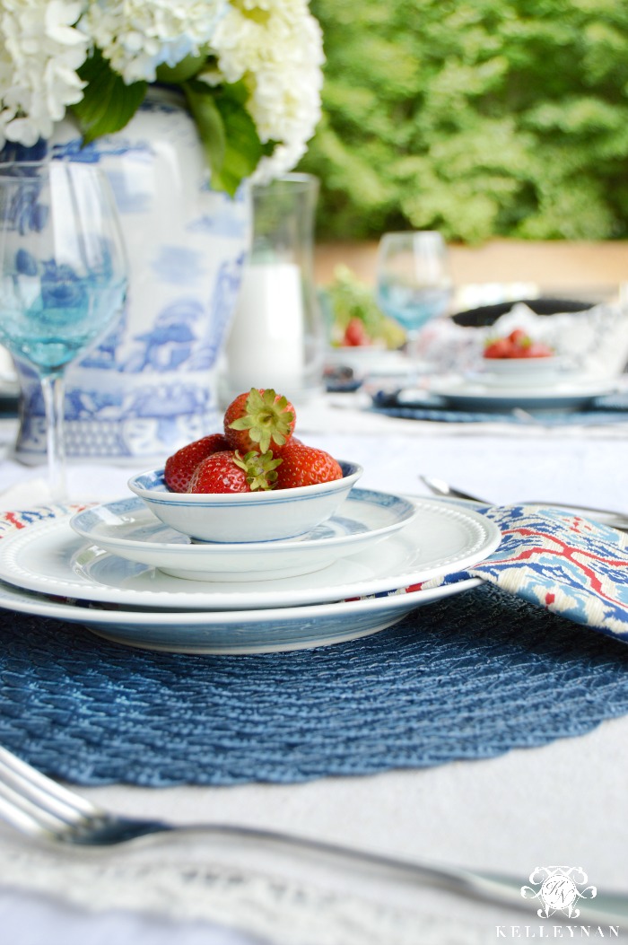 Strawberry Red White and Blue Table Setting with Hydrangeas