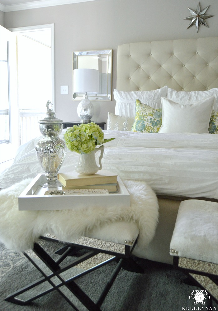 Summer Bed with Pottery Barn Lorraine Tufted Bed and Mirrored Benches