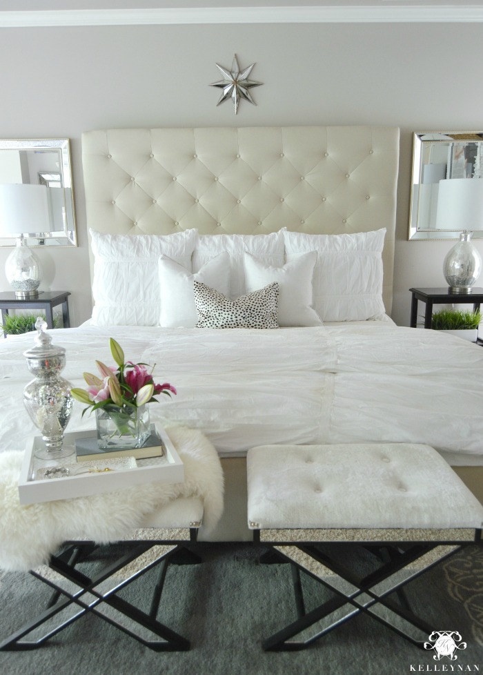 Summer Bedroom Bed with Cheetah Pillow and White Bedding on Pottery Barn Lorraine Bed