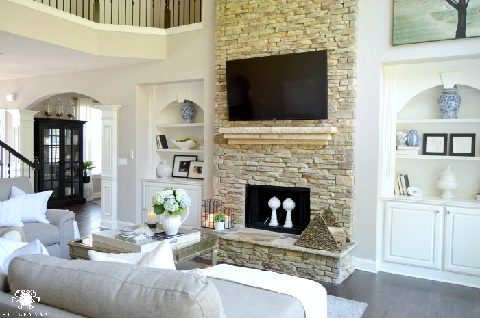 Two Story Living Room Great Room Rock Fireplace Built-ins Summer Tour