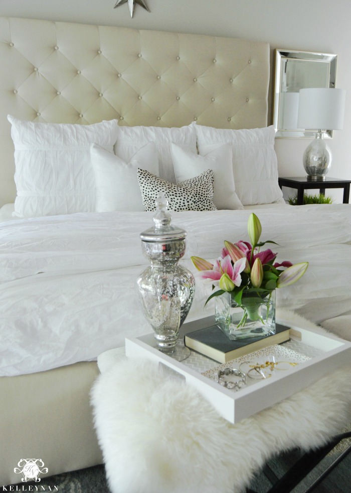 White Bedroom with Pottery Barn Lorraine Tufted Headboard Bed with Cheetah Pillow and Hadley Ruched Duvet with Euro shams